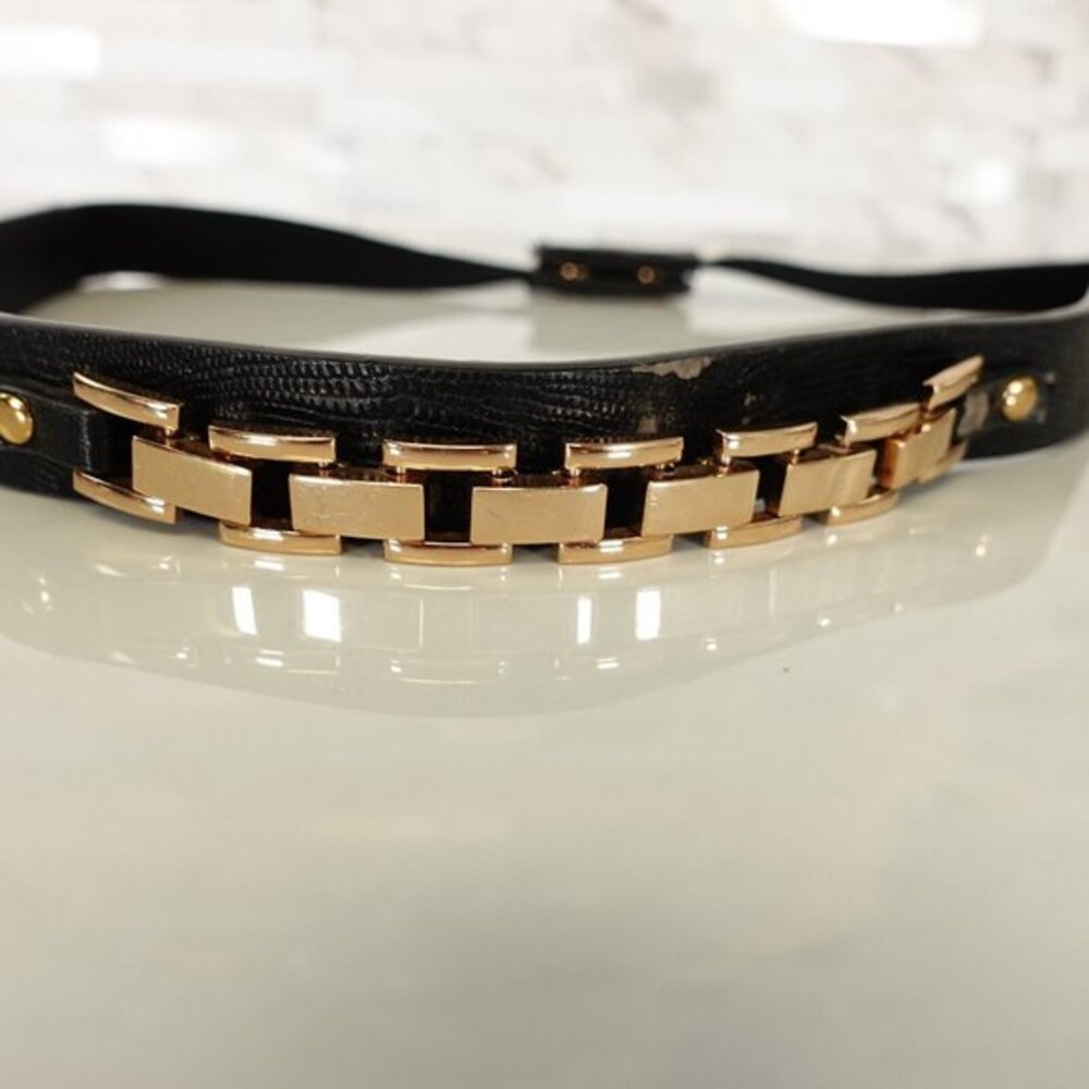 Y2K Old Money Lizard Belt Womens S Gold Chain Link Black Faux Leather‎ VERO MODA